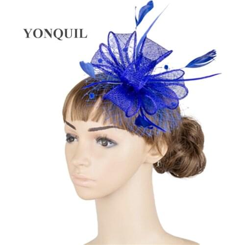 Charming Sinamay Ladies Fascinator Wedding Hats Royal Blue Floral With Feathers Headwear Hair Clips Occasion Church Event MYQ015