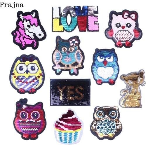 Prajna Baby Owls Stripes On Clothing Black Cat Unicorn Patches Reversible Change Color Sequin Patch Appliques For T-shirt DIY