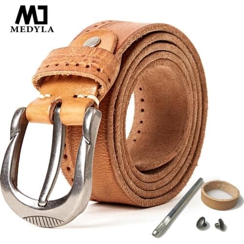 MEDYLA original leather belt men retro design hard metal buckle soft Italian leather brand belt for men casual pants accessories