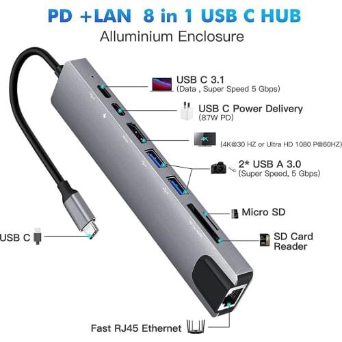 8-In-1 USB C Hub Type C to HDMI-compatible RJ45 Ethernet USB 3.0 Ports SD/TF Card Reader PD Power Delivery for MacBook Pro Dock