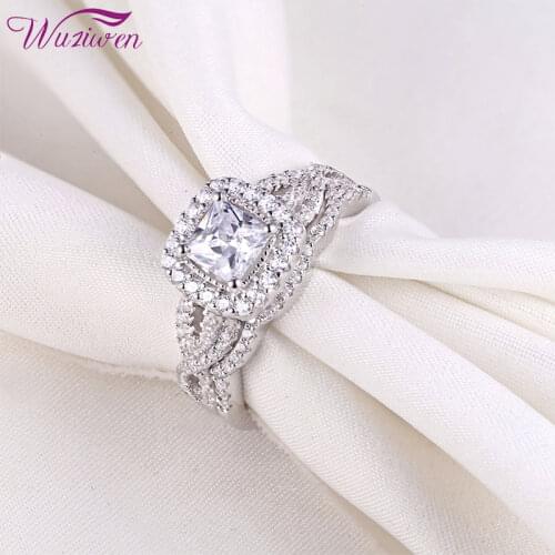 Wuziwen 2 Pcs 925 Sterling Silver Wedding Engagement Ring Bridal Set Classic Jewelry For Women 1.4Ct Princess Cut Zircon BR0715
