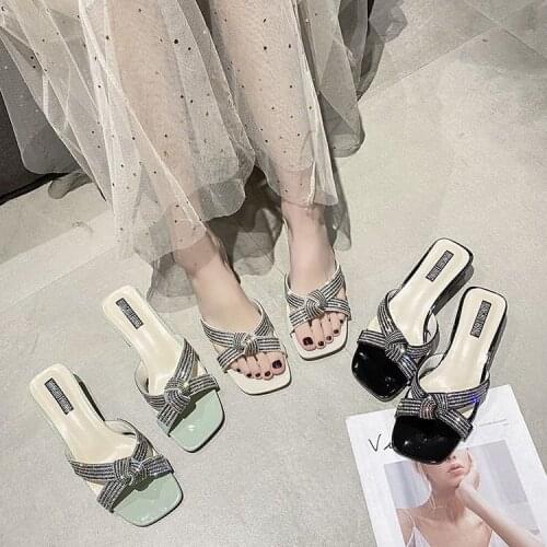 New Rhinestone Slippers Women Summer Sandals Square Toe Heels for Women Sandal Black Comfortable Fashion Women Heel Slippers2021