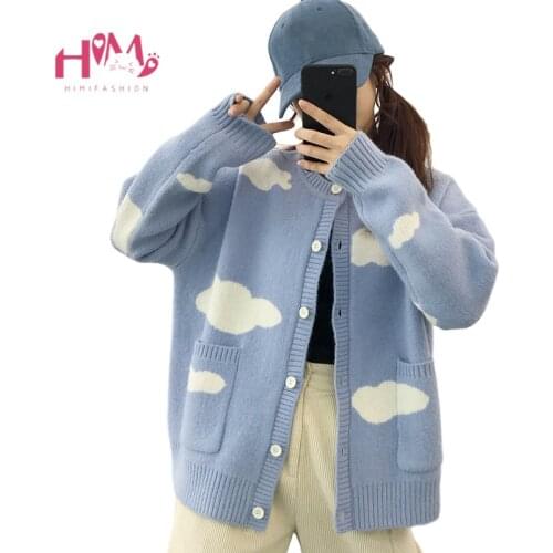 Winter Kawaii Women Cloud Knitted Sweater Girls Oversized Cute Cardigans Blue Knitwear 2020 Long Sleeve Warm Jumper Coat Outwear