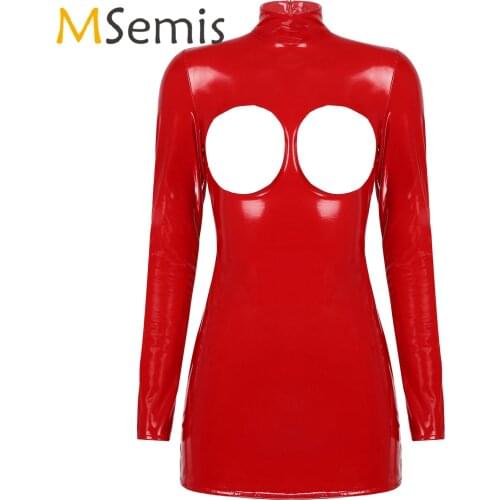 Womens Lingerie Open Cup Zipper Mini Dress Wet-Look Patent Leather Bare Breast Bodysuit Stand Collar Long Sleeve Clubwear