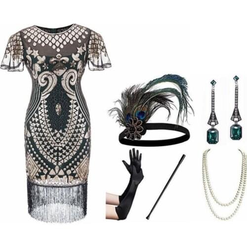 New Women 1920s Flapper Dress Art Deco Great Gatsby Dress Vestidos Embroidered Tiered Fringe Sequin Dress Accessories Set With