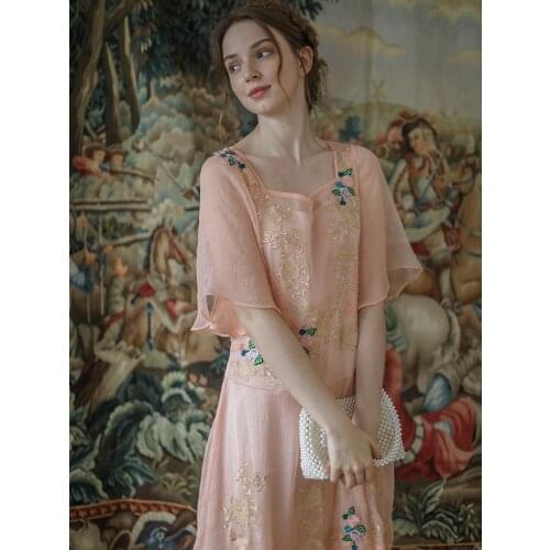 Summer Women Vintage Elegant Slim Mori Girl Sweet Midi Retro Lady Embroidery Flare Sleeve Pink Chiffon Long Dress