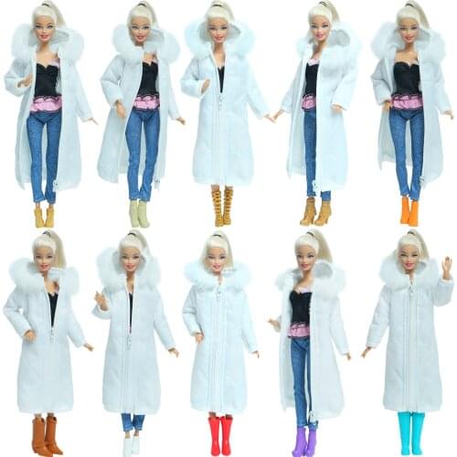 2 Pcs/Lot White Winter Wear Long Coat Dress With Shoes Accessories Clothes for Barbie Doll Parka Outfits Jacket Baby Kids Toy
