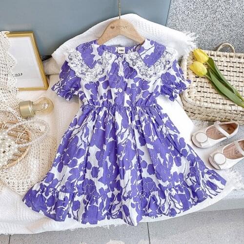 2021 Summer Kids Dresses for Girls Purple Flower Lace Collar Short Sleeve Princess Dress Vestidos Fashion Children Costume