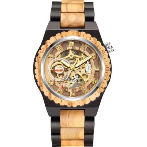 Luxury Mens Watch Automatic Mechanical Wooden Watch Roman Numerals Display Wood Bangle Wristwatch Creative Male Timepiece Reloj