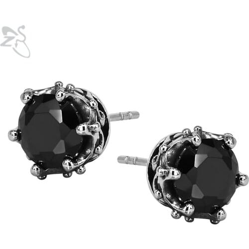 Black Ear Stud Earrings With Stone Round Brincos Crystal Stainless Steel Earing Helix Piercing Punk For Women Men Body Jewelry