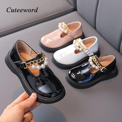Kids School Shoes for Girls Childrens Flat Shoes Fashion Patent Leather Pearl Princess Little Girl Shoe Soft Sole Non-slip