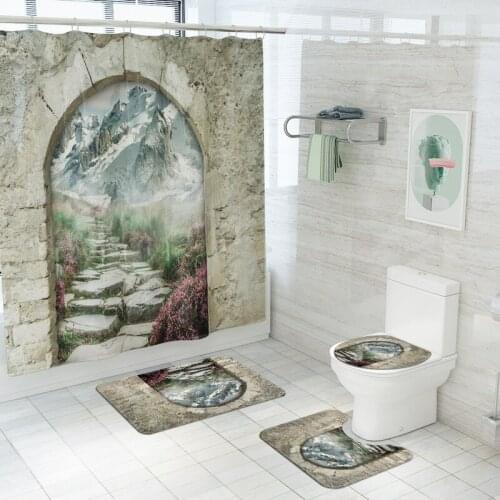 Stone Gate Behind Snow Mountain Fabric Shower Curtain Landscape Bath Screen Bathroom Curtains Non-Slip Rug Toilet Lid Cover Mat