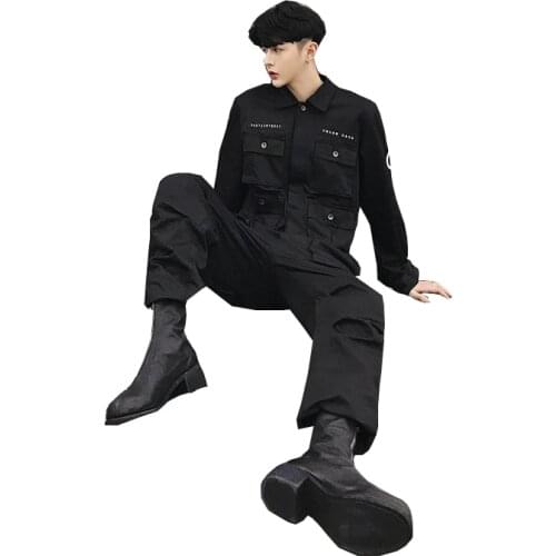 New Male Long Sleeve Spring Autumn Men Jumpsuit Piece Pants Overalls Tooling Yellow Pink Black