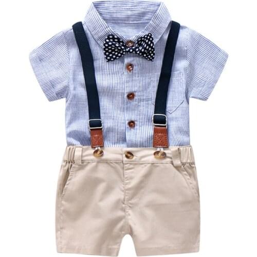Blue and White Striped Romper Clothes Set For Baby Boy Summer Suit With Bow Toddler Kid Bodysuit Set Infant Boy Clothing