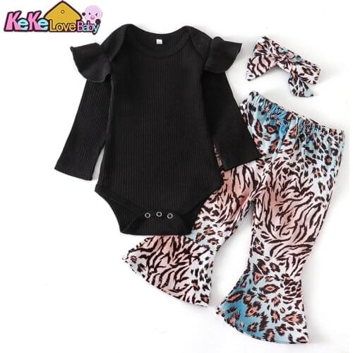 Newborn Baby Girl Clothes Set Cotton Long Sleeve Black Romper Tops Leopard Pants Headband 3Pcs New Born Infant Toddler Outfits