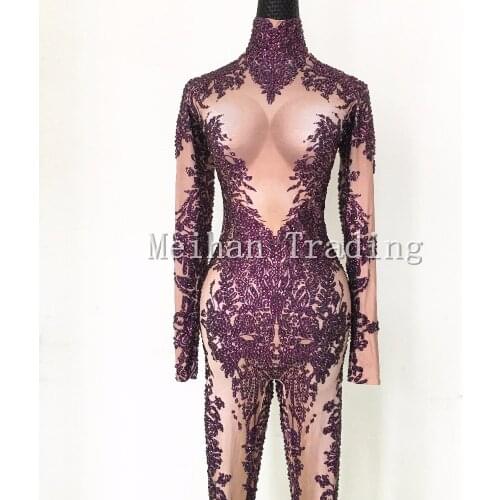 Hot Fashion Sexy Purple Bodysuit Rhinestones Jumpsuits Nightclub Dance Wear Long Sleeve Bodysuit Costume Female Party Wear