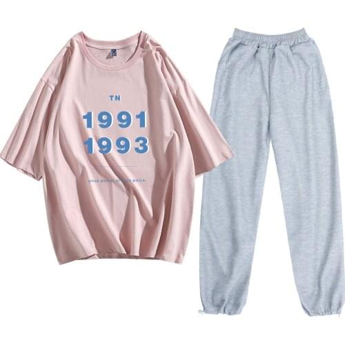 90s Fashion Letter Tshirt Oversize Casual Loose Sweatpants Cotton Half Sleeve Tees Harajuku Vintage Trousers Women Bottoms Pants