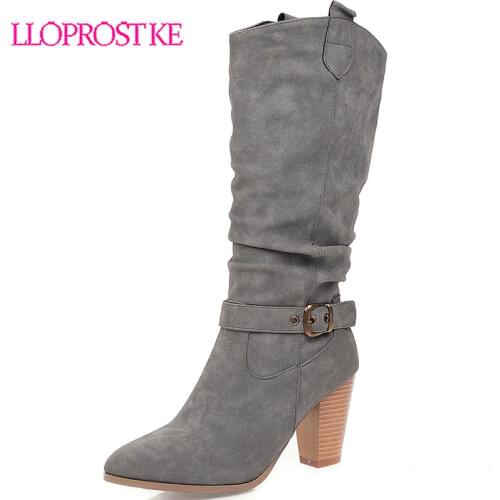 Lloprost ke Fashion 2019 Winter Western Cowboy High Heel Boots Black Gray Buckle Womens Shoes Slip on Ladies Riding Botas