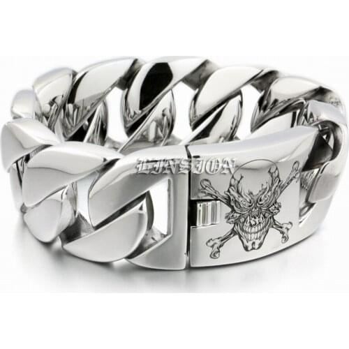 Huge Heavy Deep Laser Engraved Pirate Skull 316L Stainless Steel Mens Boys Biker Rock Punk Curb Link Bracelet 5C104