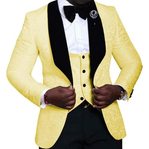 2020 Yellow Black Shawl Lapel Wedding Suits For Mens Floral Jacquard Jacket Pants Custom Made Formal Party Blazer Suit Man 2020