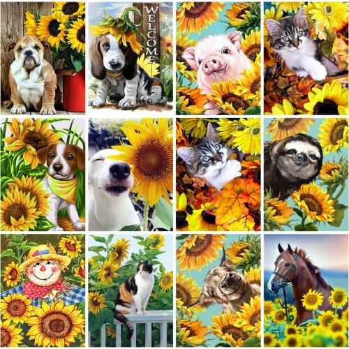 Huacan Full Square Diamond Embroidery Mosaic Set 5D Sunflower Diamond Painting Cross Stitch Animal Paintings For Interior