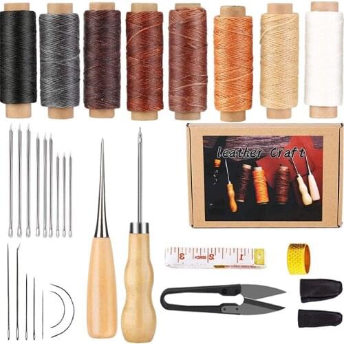 MIUSIE 30Pcs Set Leather Craft Stitching Kit, Leather Repair Tool with 8 Color Waxed Thread and Large-Eye Stitching Needles