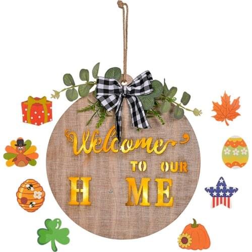 Wall Hanging Ornament Garland Wooden Sign Lattice Bow Ideal Gift Decorate Replaceable Seasonal Gnome Welcome Card High-quality