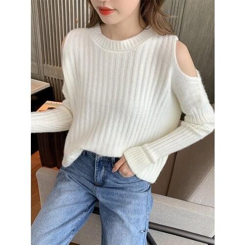 New 2020 Winter Elegant Women Sweaters Sexy Strapless Mock Neck Fit Knitted Pullovers Female Casual Solid Tops Outwear
