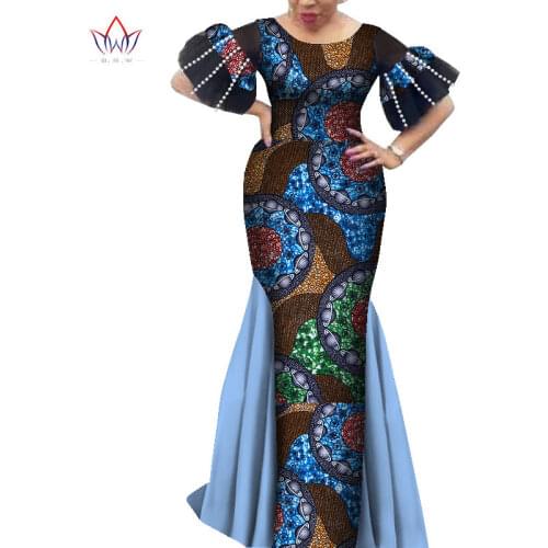2021 New BintaRealWax African Clothes for Women African Dress Flared Sleeves Lady Print Wax Dress Work Wedding Party WY8935