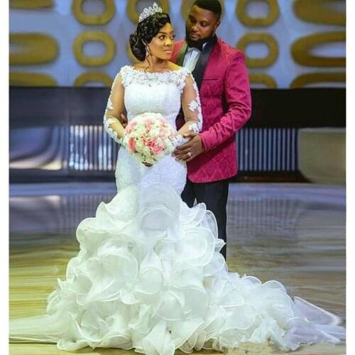 New Dressed African Bride Lace Strapless Wedding Mermaid Sweep Train Brides Dress Custom-made for Black Girls