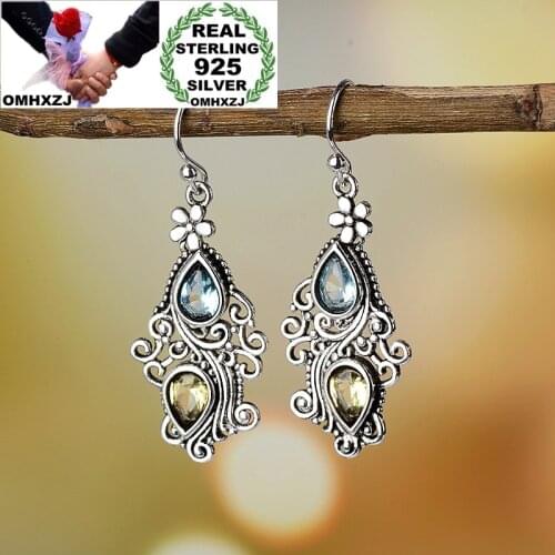 OMHXZJ Wholesale European Fashion HotWoman Party Birthday Gift Vintage Water Drop Topaz 925 Sterling Silver Drop Earrings EA523