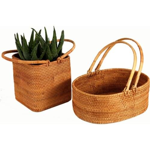 Weaving Rattan Kitchen Storage Basket with Handles Handwork Storage Boxes Food Fruit Vegetables Organization Kitchen Shelf