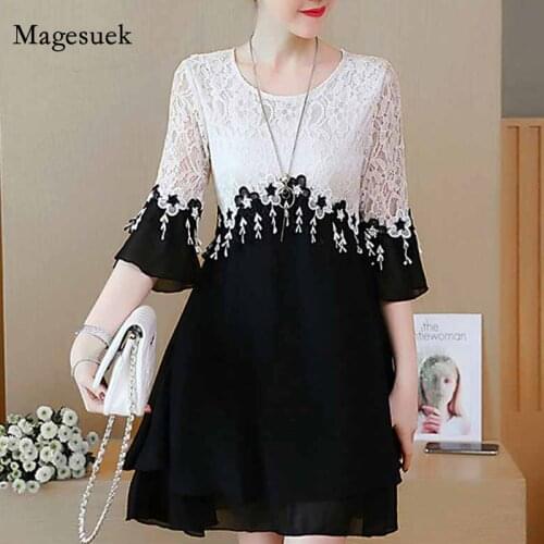 Plus Size Lace Dress 2021 O Neck Three Quarter Tassel Dress Women Summer Lace Office Lady A-Line Patchwork White Dress 2777