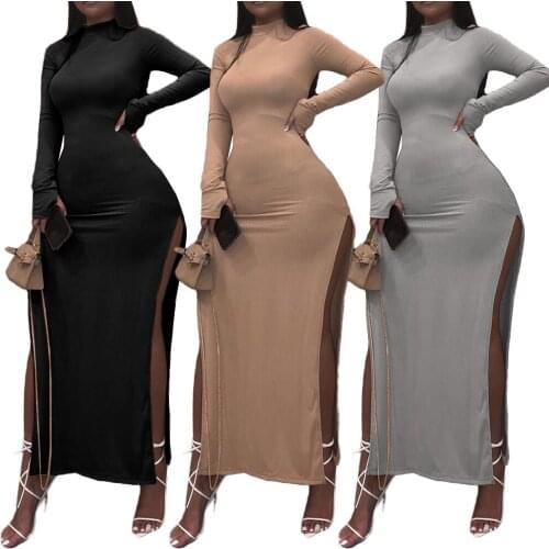 Sexy Knit High Split Party Dress Women Long Sleeve Turtleneck Long Dresses Solid Elegant Bohemian Sun Dress Casual Clothes 2021