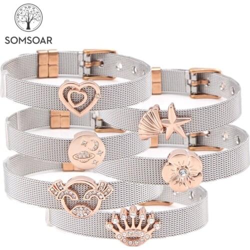 Somsoar Jewelry Silvering rose gold Stainless Steel Mesh Bracelet Bangles with 1pcs Slide Charms DIY Jewelry AS Christmas Gift