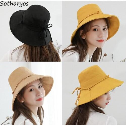 Bucket Hats Women Large Brim Sunscreen All-match Solid Harajuku Womens Korean Style Ladies Streetwear Hat Trendy Accessories New
