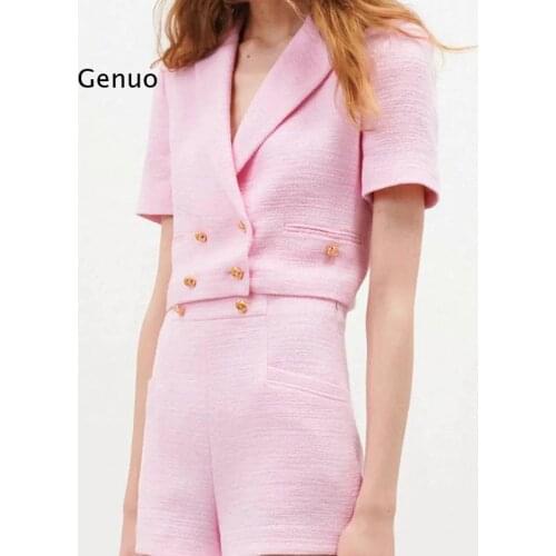 Women pink blazer suit Spring Summer double breasted short sleeve blazer and two pockets shorts female suits sets