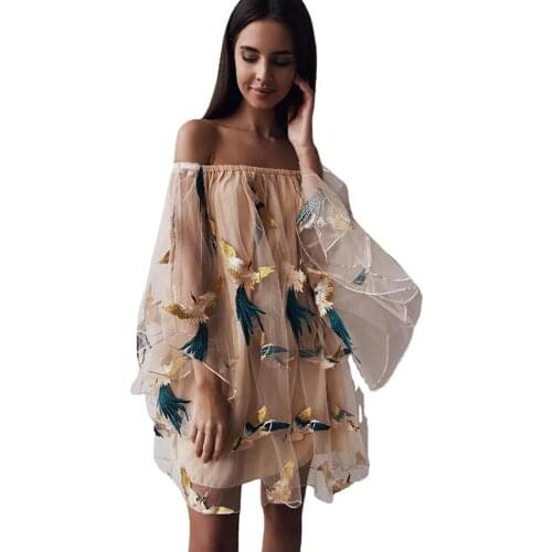 Fashion2021 temperament commute large size womens fat sister bat sleeve loose version one word collar mesh embroidered dress
