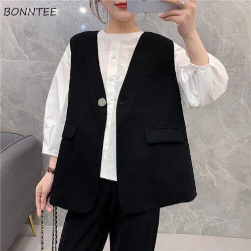 Vest Women Spring Black All-match V-neck Simple Unisex Street Elegant Office Lady Leisure Fashion Popular Loose Outwear Ins 2021