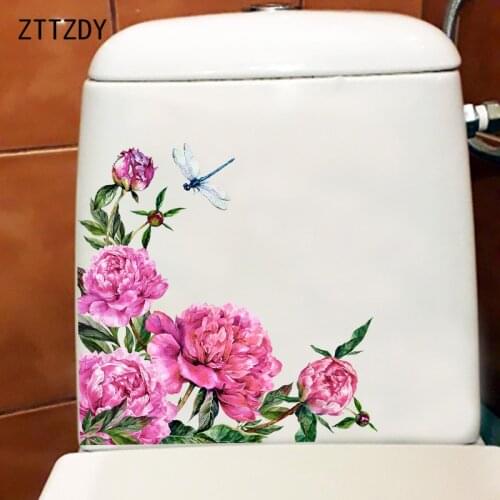 ZTTZDY 23.5×23.8CM Luxurious Peony Dragonfly Creative Toilet Stickers Bathroom Decor Classic Wall Decals T2-1087