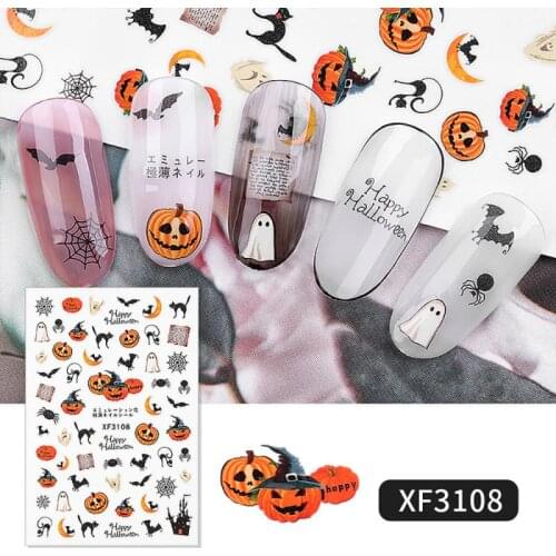1pc Halloween Series Manicure Stickers Spider Web Black Cat Bat Pumpkin Face Designs Adhesive Nail Art Decoration Sticker Tips