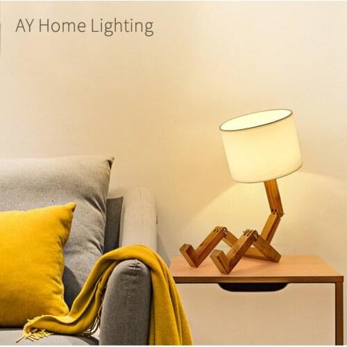 Wooden Table Lamp Cloth Art Lamp Shade E27 Base Lamp Holder Standard Plug Adjustable Robot Frame Home Study Desk Lamp Light