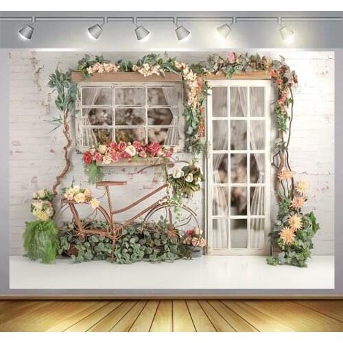 Wooden Window Door Brick Wall Kids Portrait Backdrops Photography Flowers Newborn Baby Shower Interior Scenic Photo Backgrounds