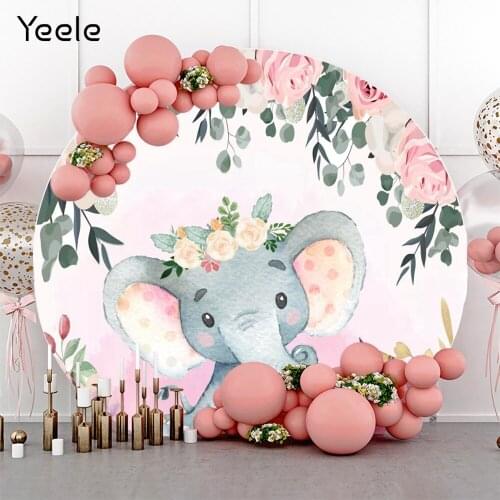 Yeele Pink Rose Elephant Newborn Baby Shower Round Backdrop Kids Party Photography Background Custom Polyester Photo Studio