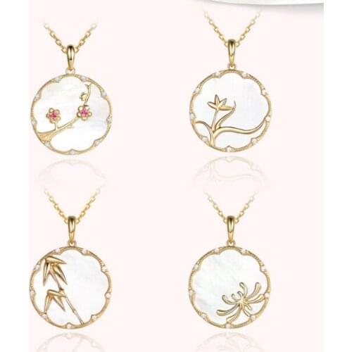 Chinese Style Mei/Lan/Zhu/Ju 925 Sterling Silver Natural Mother Of Pearl Fashion Necklace Accessories Gift For Woman & Men