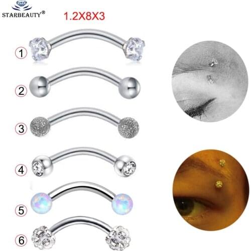 1Pc 1.2x8x3mm 5 Styles Curved Barbells Eyebrow Piercing Opal tragus Bar Body Jewelry Stainless Steel Helix Piercing Ring