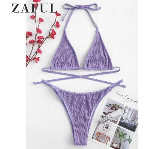 ZAFUL Mini Bikini Textured Ribbed Halter Micro Bikini Set Unlined Wire Free Swimsuit Women Swimwear Solid String Bathing Suit