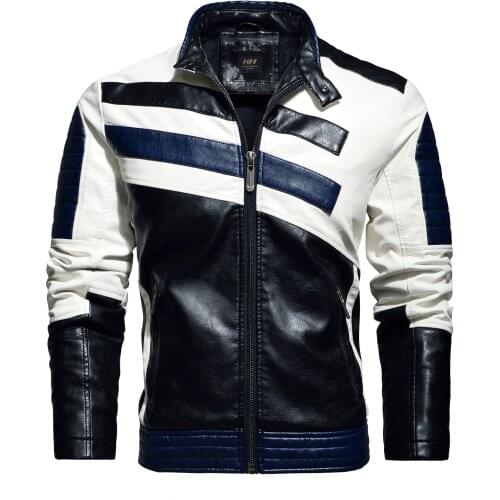 Mens Motorcycle Leather Jacket Striped Patchwork PU Leather Jacket Autumn Winter Slim Jacket Mens High Street Irregular Design