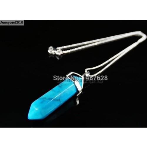 Natural Tur-quoise Gems Stones Hexagonal Pointed Healing Reiki Chakra Pendant Beads Silver 17'' Chain Necklace 5 Sets/Pack