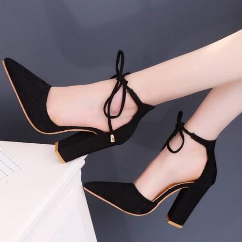 Fall Lace-up Single Shoes Elegant High Heels Square Heel Suede Middle Hollow Work Shoes Sexy Womens Shoes Plus Size Pumps 42,43